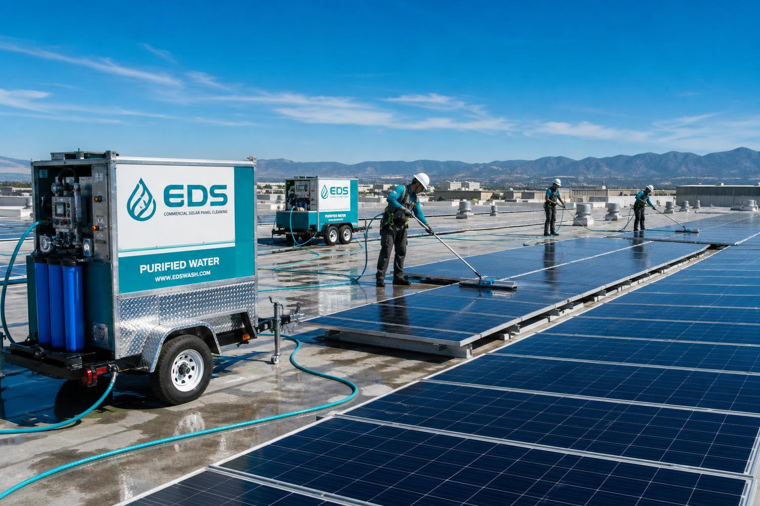 Every Detail Solar crew cleaning a commercial rooftop solar array