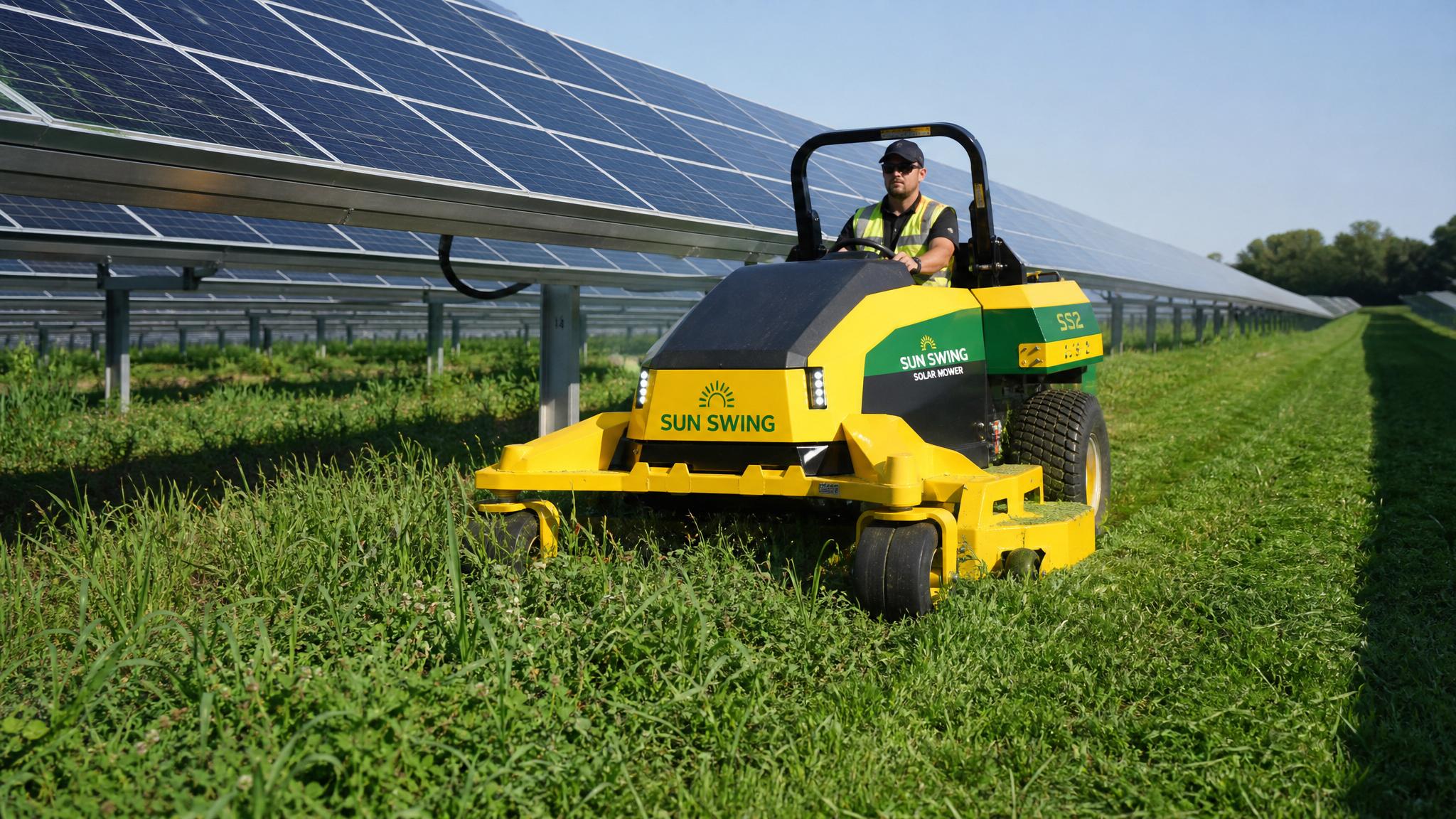 Sun Swing solar mower operating between rows of ground-mount solar panels at a commercial solar farm